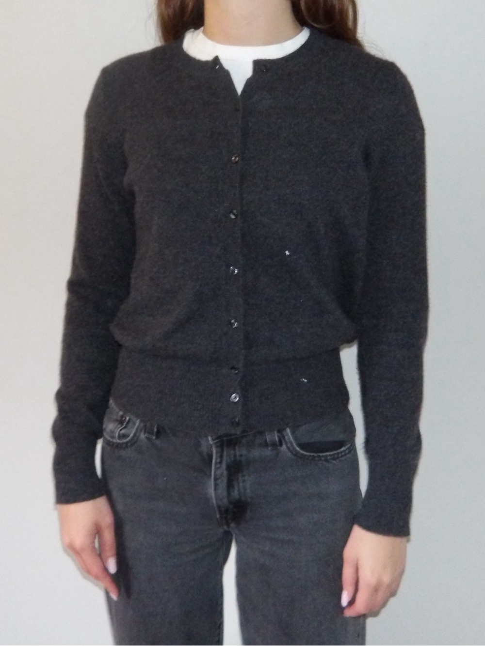Lord & Taylor Dark Charcoal Button-Front Crewneck Cardigan